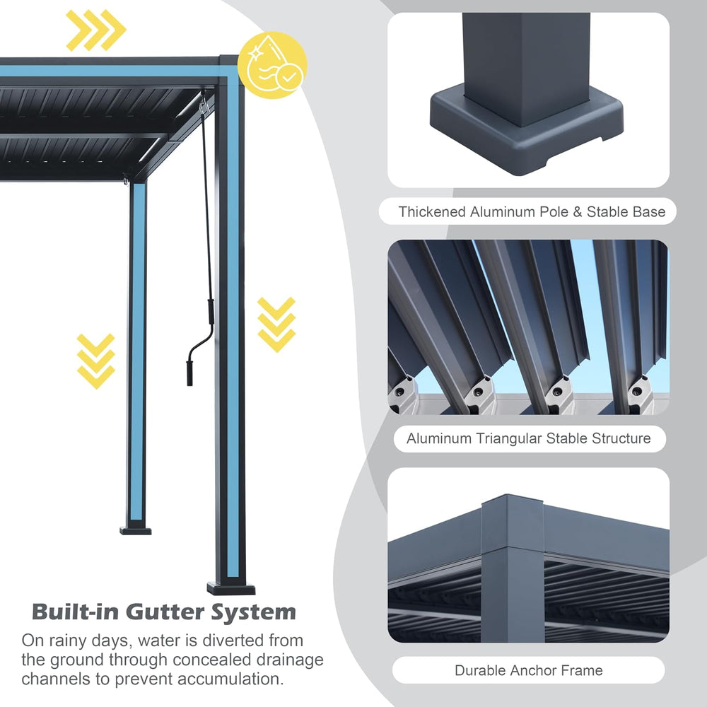 10'x 13' Patio Louvered Pergola Aluminum Black Hardtop Gazebo