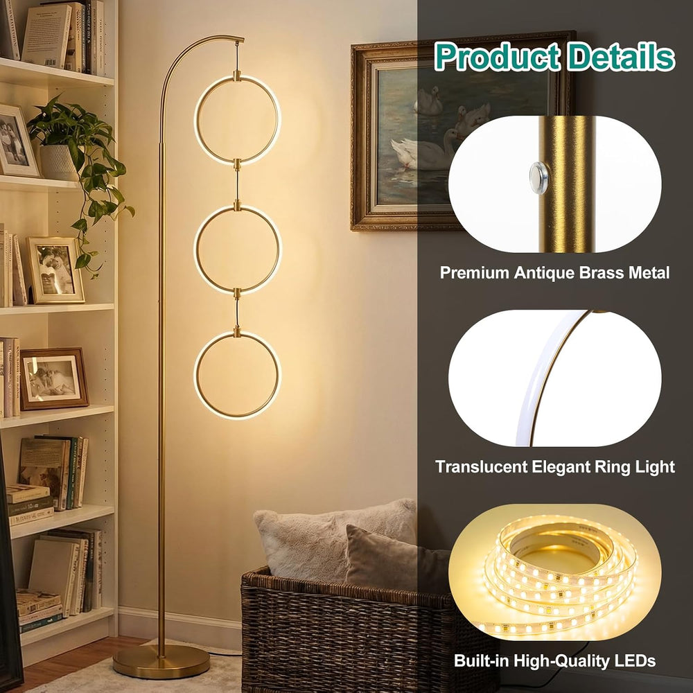 Bairth Gold 3-Light LED Floor Lamp, Modern Arc Floor Lamp for Living Room