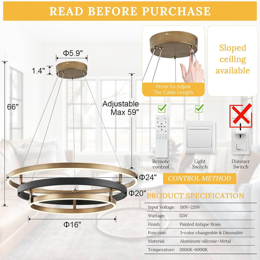 3 Ring LED Chandelier Modern Chandeliers Black Gold Brass Dimmable 24''