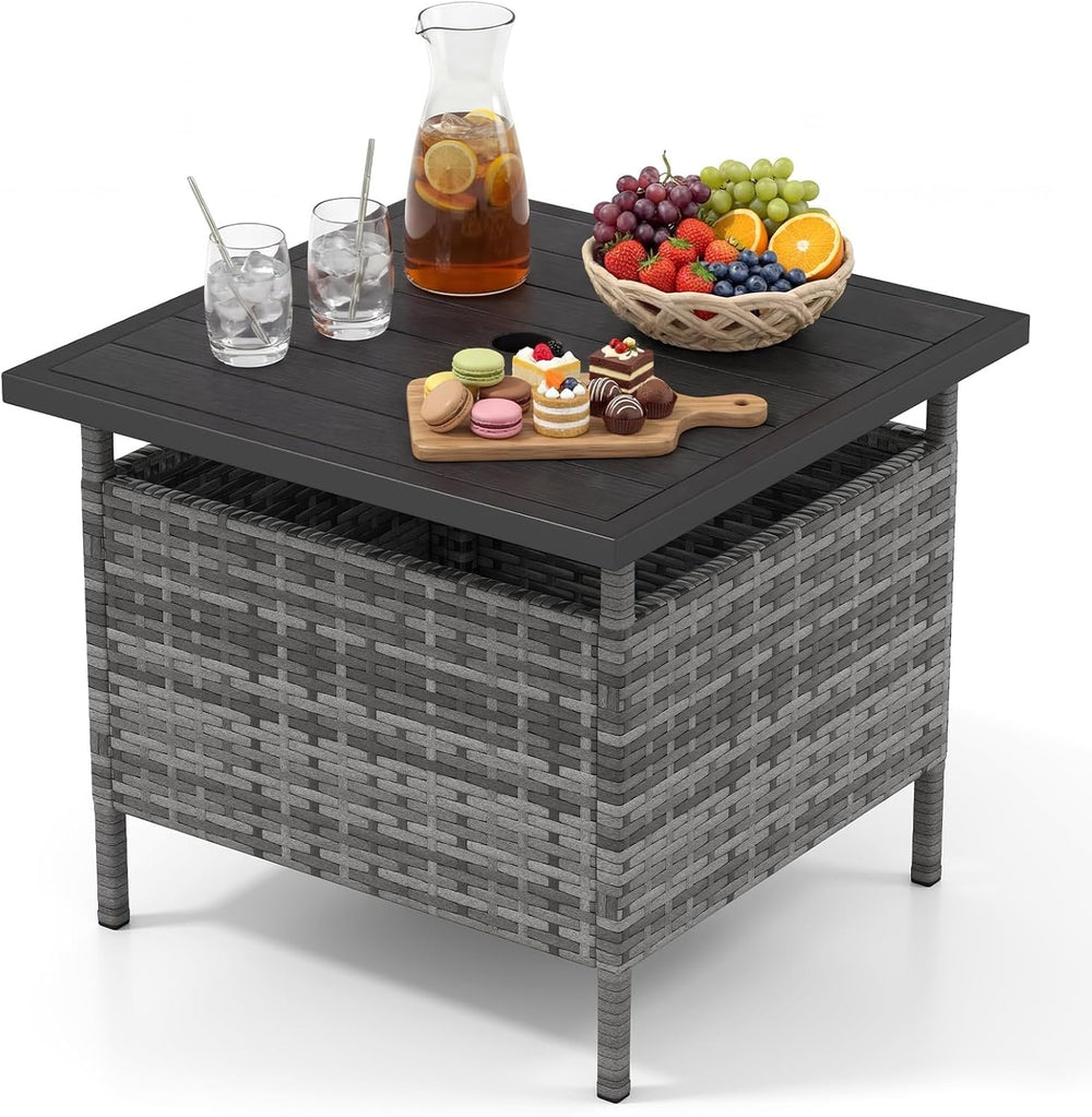 HAPPYGRILL Patio Umbrella Table Stand, Rattan Outdoor Side Table with Umbrell...