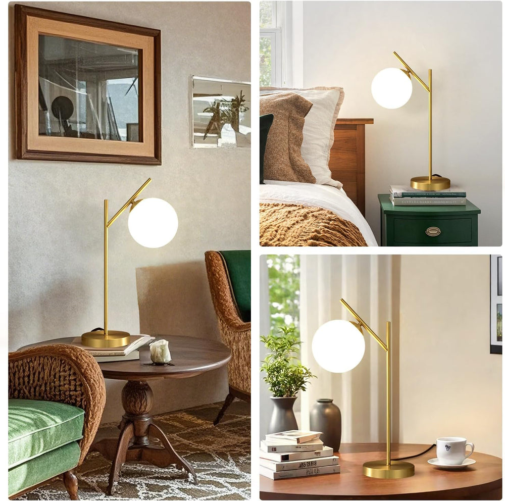 Mid Century Modern Table Lamp, 1 Light Brass Glass Globe Bedside Lamp, Contem...