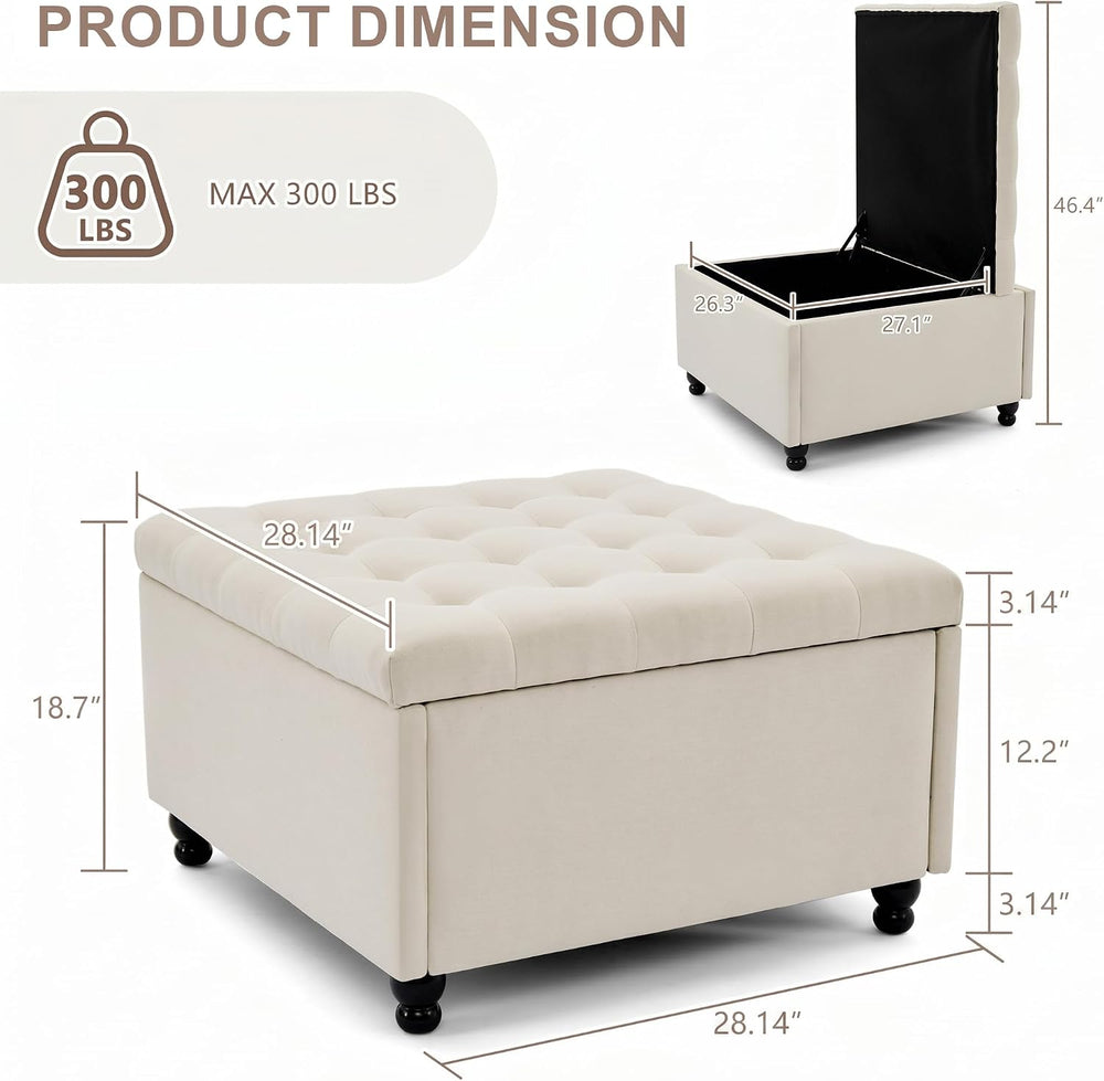 28" Large Square Ottoman with Storage, Fabric Ottoman Coffee Table, Beige