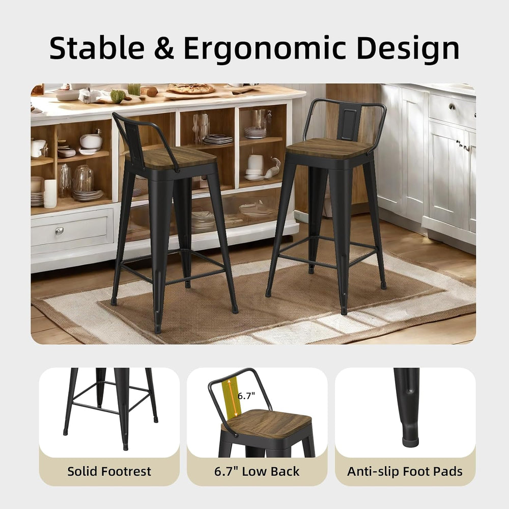 Black Bar Stools Set of 4, Metal Bar Stools with Wooden Seat, Modern 24”Count...