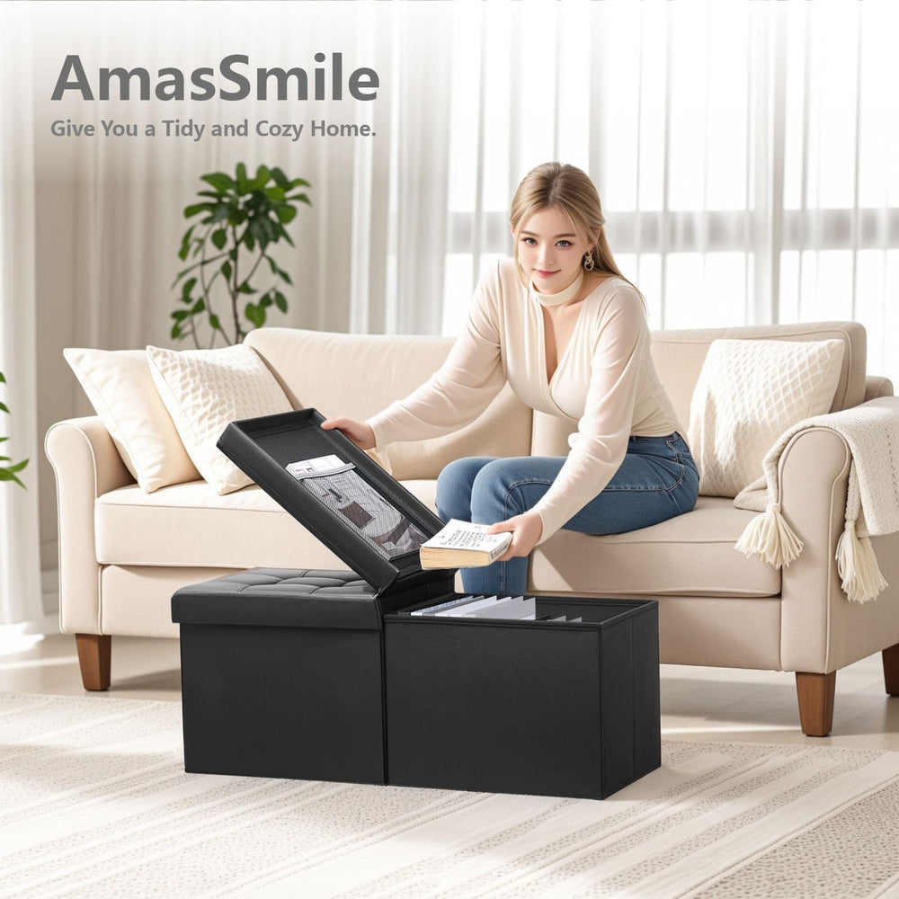 AmasSmile Footrest Ottoman Storage Bench,34" Leather Folding Chest,Black