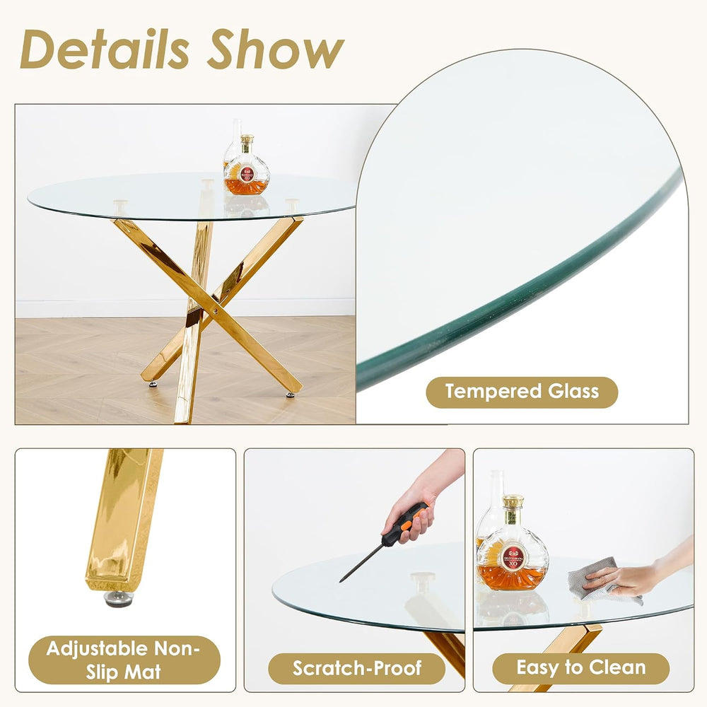 Mid Century Modern Glass Round Dining Table Set for 4, 5 Pieces Gold Luxury C...