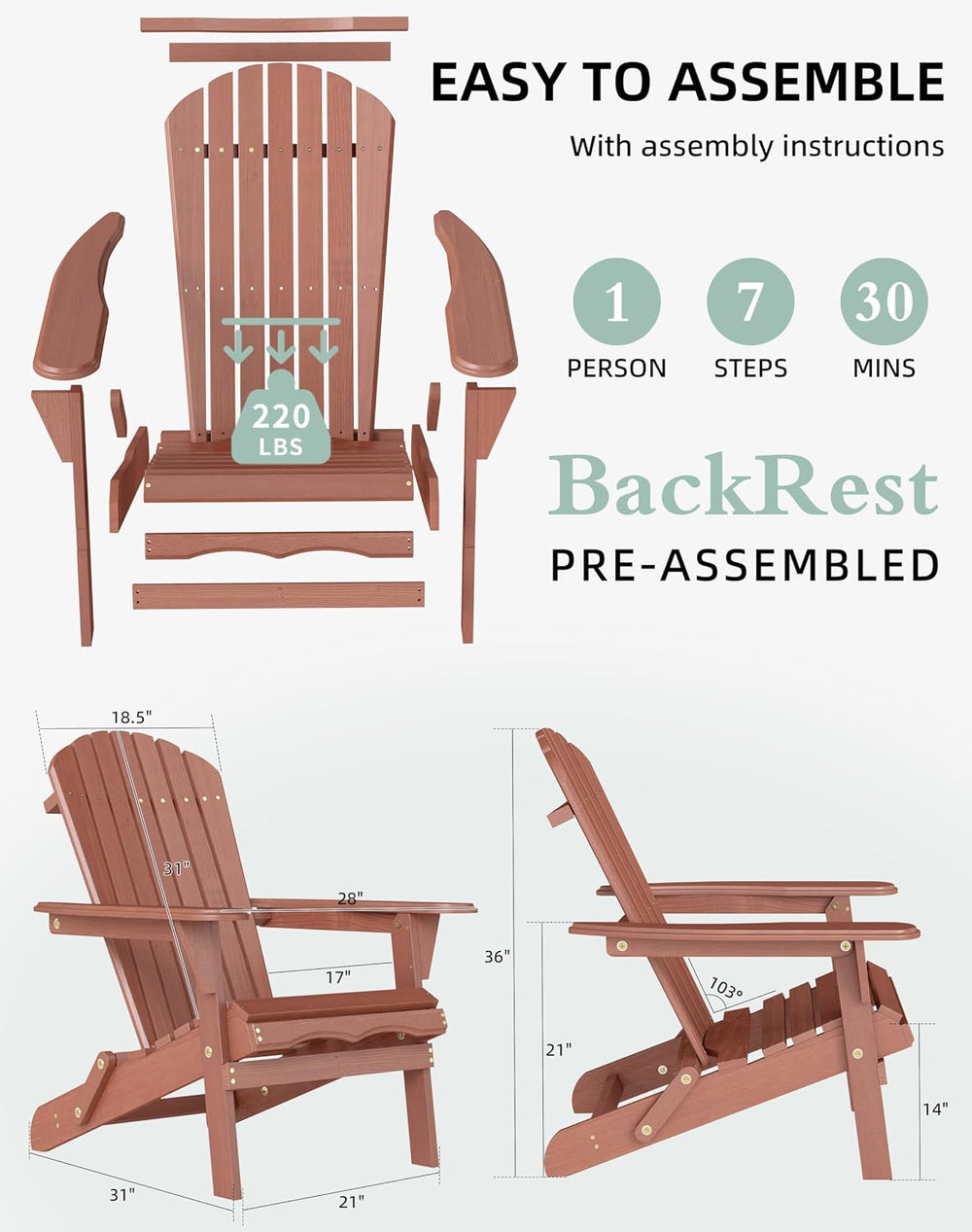 Wooden Folding Adirondack Chair Set of 2, Half Pre-Assembled Wood Lounge Chai...