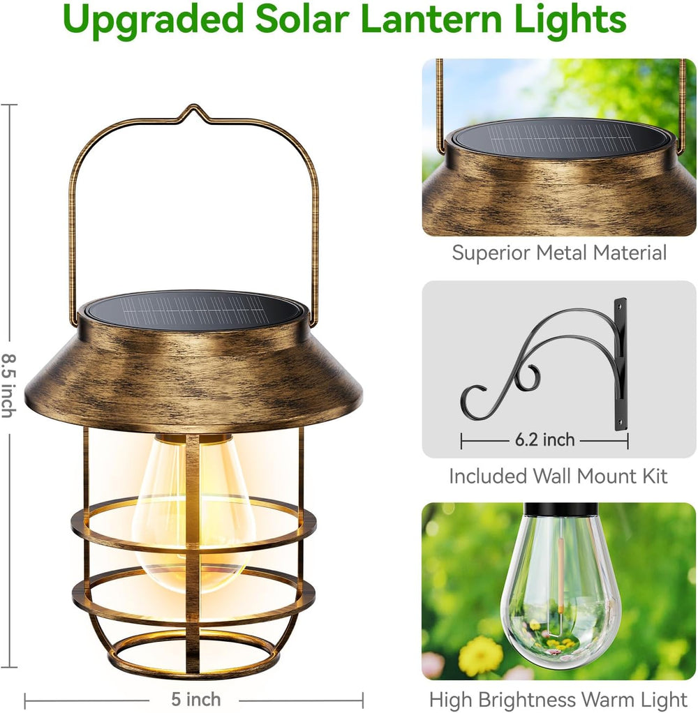 4 Pack Solar Lanterns Outdoor Waterproof, Metal Hanging Lantern, Bronze