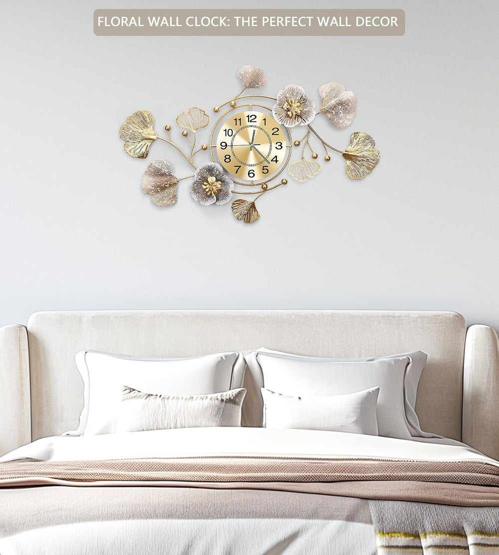 33" Modern Farmhouse Large Decorative Wall Clock, Ginkgo Metal Art