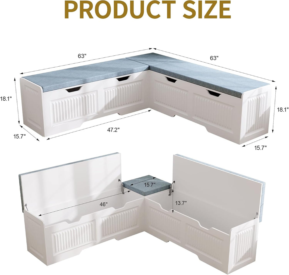 63" L-Shaped Breakfast Corner Storage Bench,Modern Banquette Seating wit...