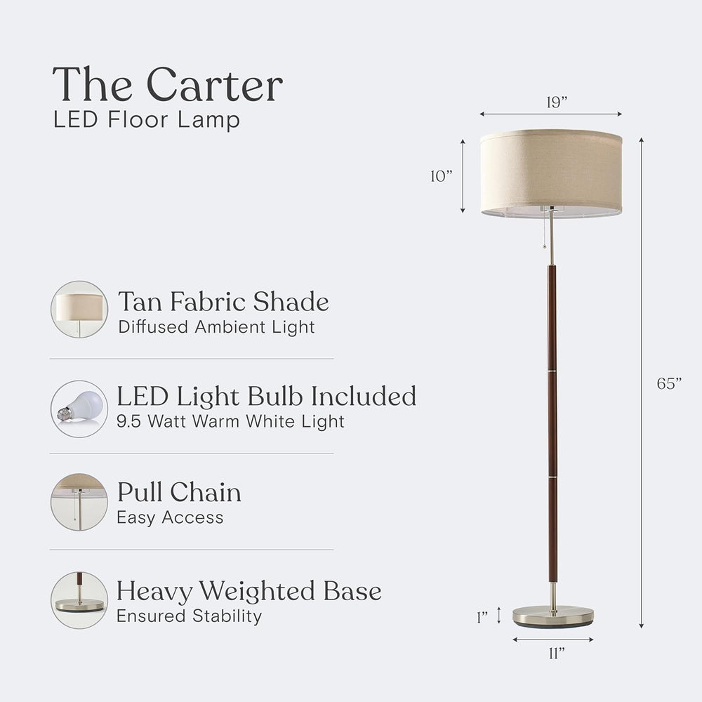 Brightech Carter LED Floor Lamp, Drum Shade with Walnut Wood Finish, Great Li...
