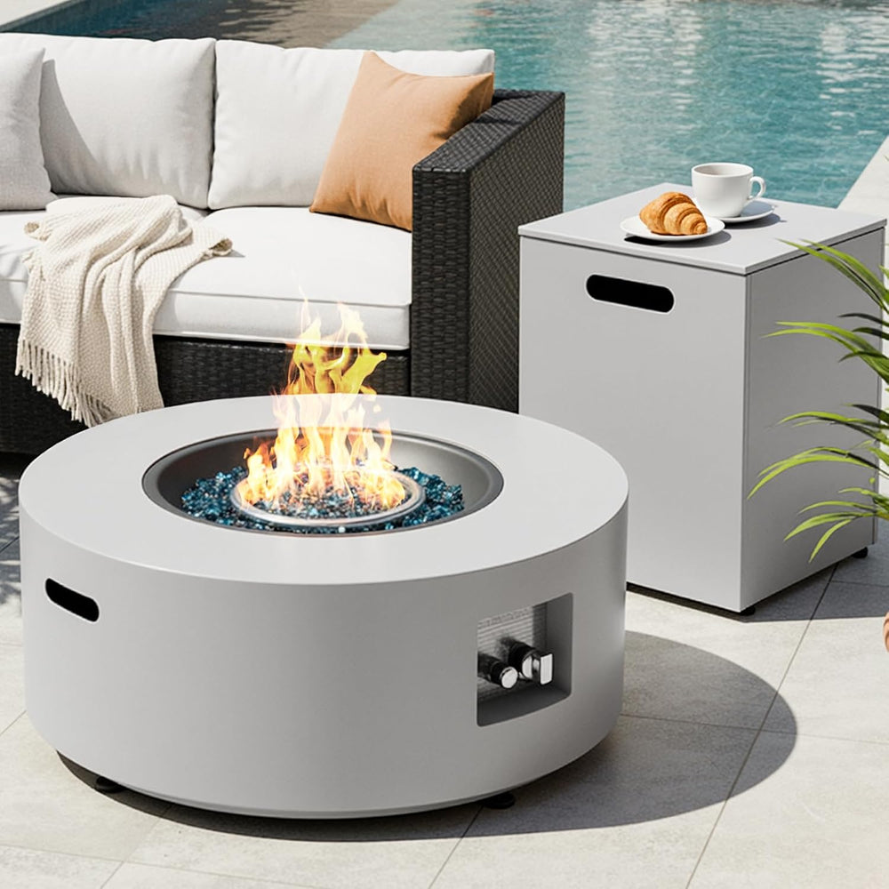 TLGREEN 30-Inch Round Propane Fire Pit Table, 50,000 BTU, Light Gray