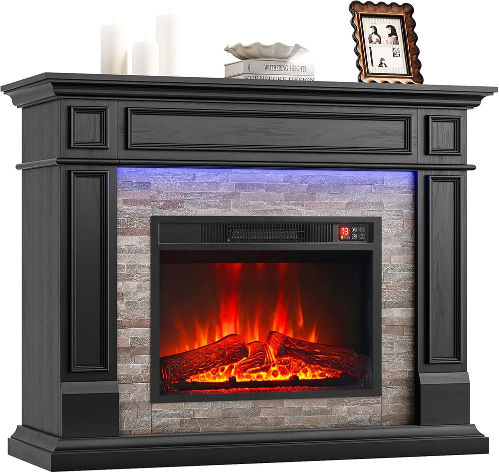 LGHM 44" LED Freestanding Electric Fireplace, Stacked Stone, Black