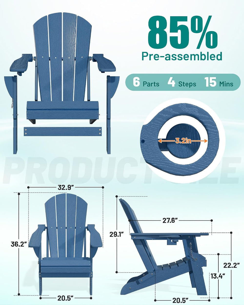 PLUUV Folding Adirondack Chair, HDPE Fire Pit Chairs with Cup Holder, Navy