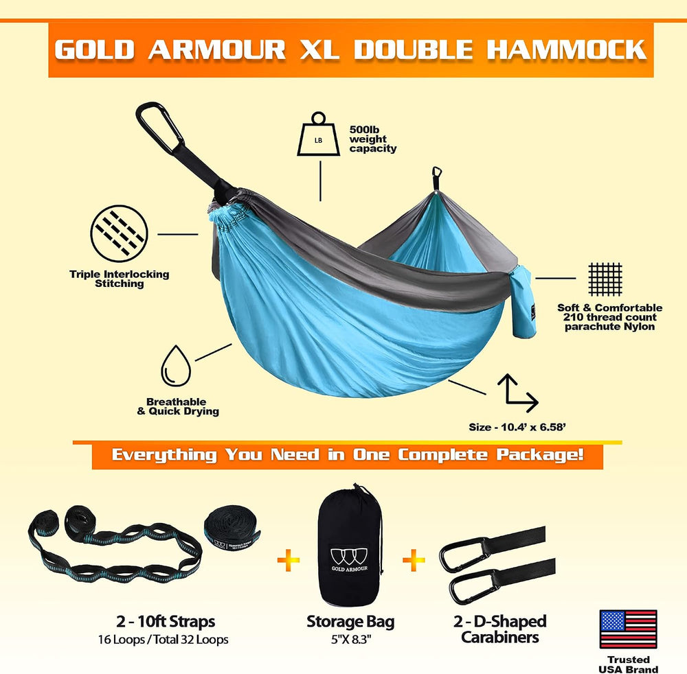 Gold Armour Camping Hammock - XL Double Hammock Portable Hammock Camping Acce...