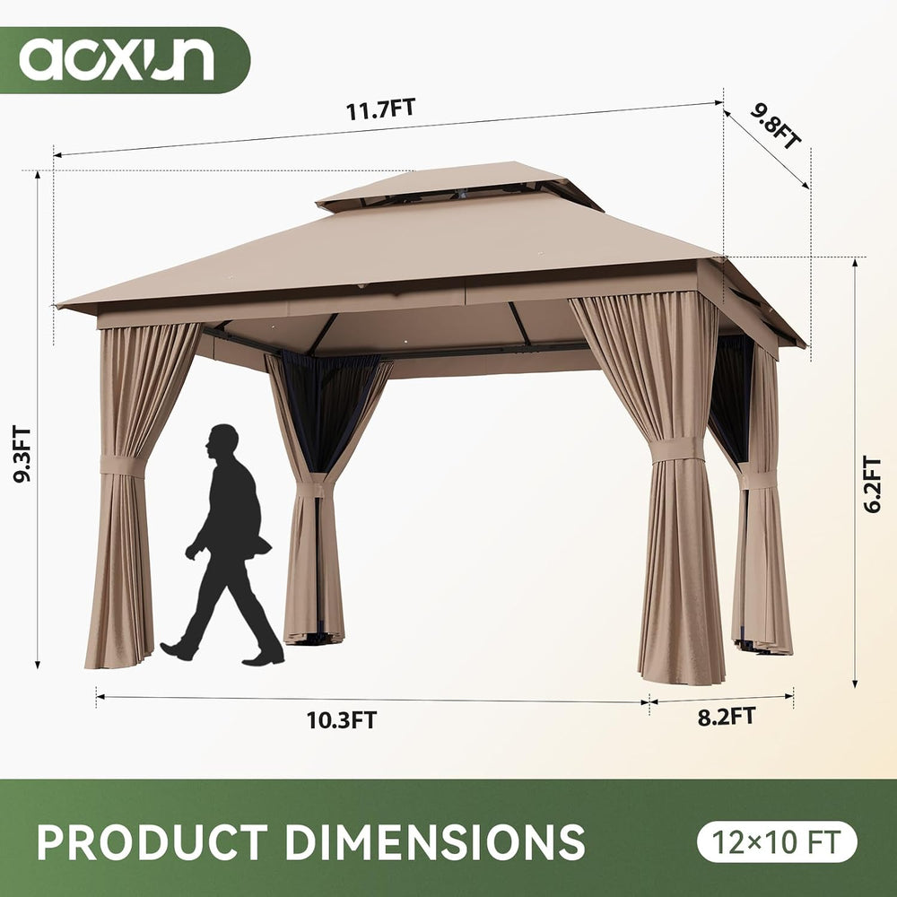 Aoxun 12'x10' Outdoor Gazebo with Curtain & Mosquito Netting, Beige