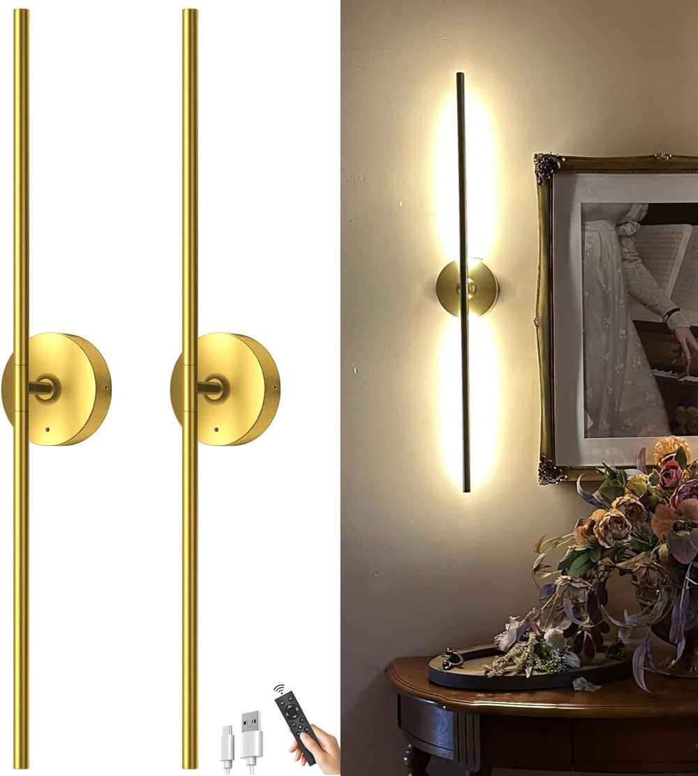 Battery Operated Wall Sconce Set of Two: Gold Wireless Rechargeable Wall Ligh...