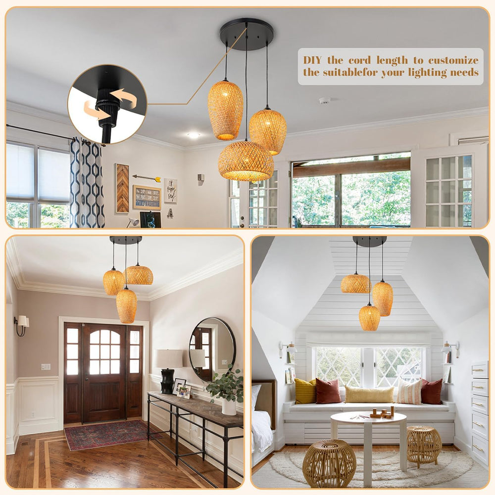 Rattan Pendant Light Bamboo Hanging Light 3-Lights Boho Pendant Light Fixture...