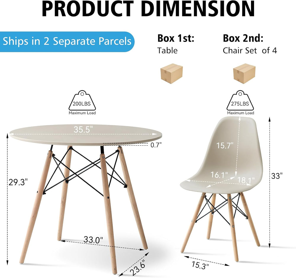 5-Piece Round Dining Set, 35.5" Sand Table Chairs Set of 4