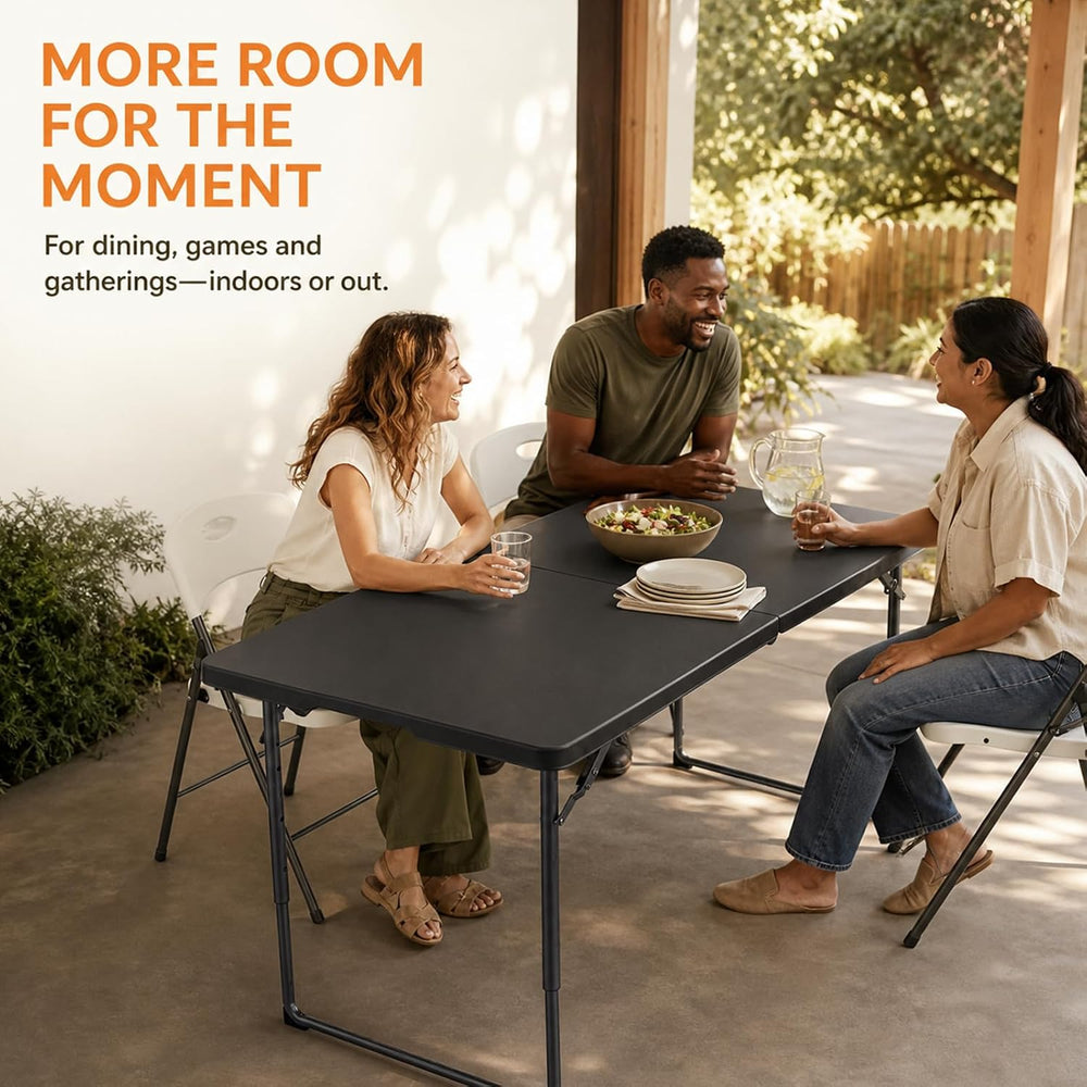 4FT Folding Table 3 Levels Adjustable Height, Heavy Duty Fold-in-Half Portabl...