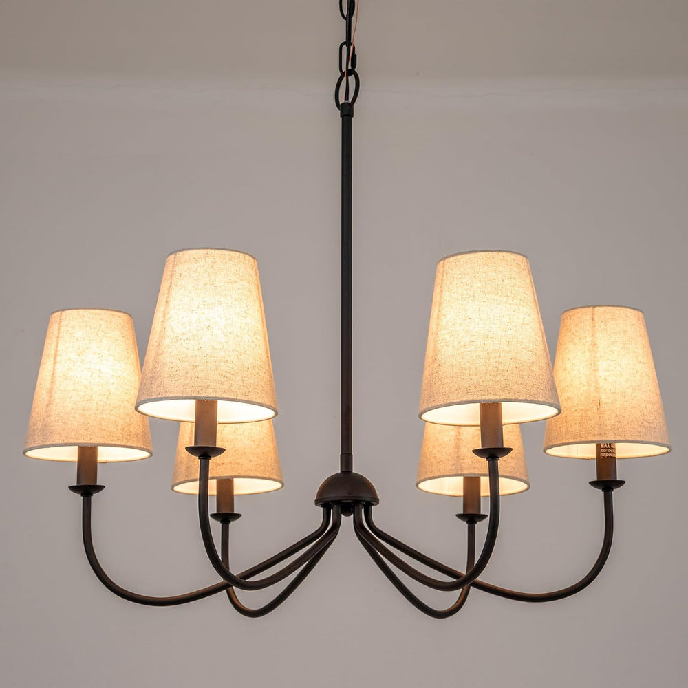 Chandelier, Matte Black with Linen Fabric Shade, 6-Light 28" Modern Farm...