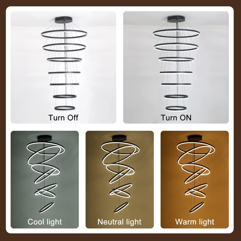 XGZL·LIGHTING 7-Rings Modern LED Chandelier Black D31.5’’ Contemporary High C...