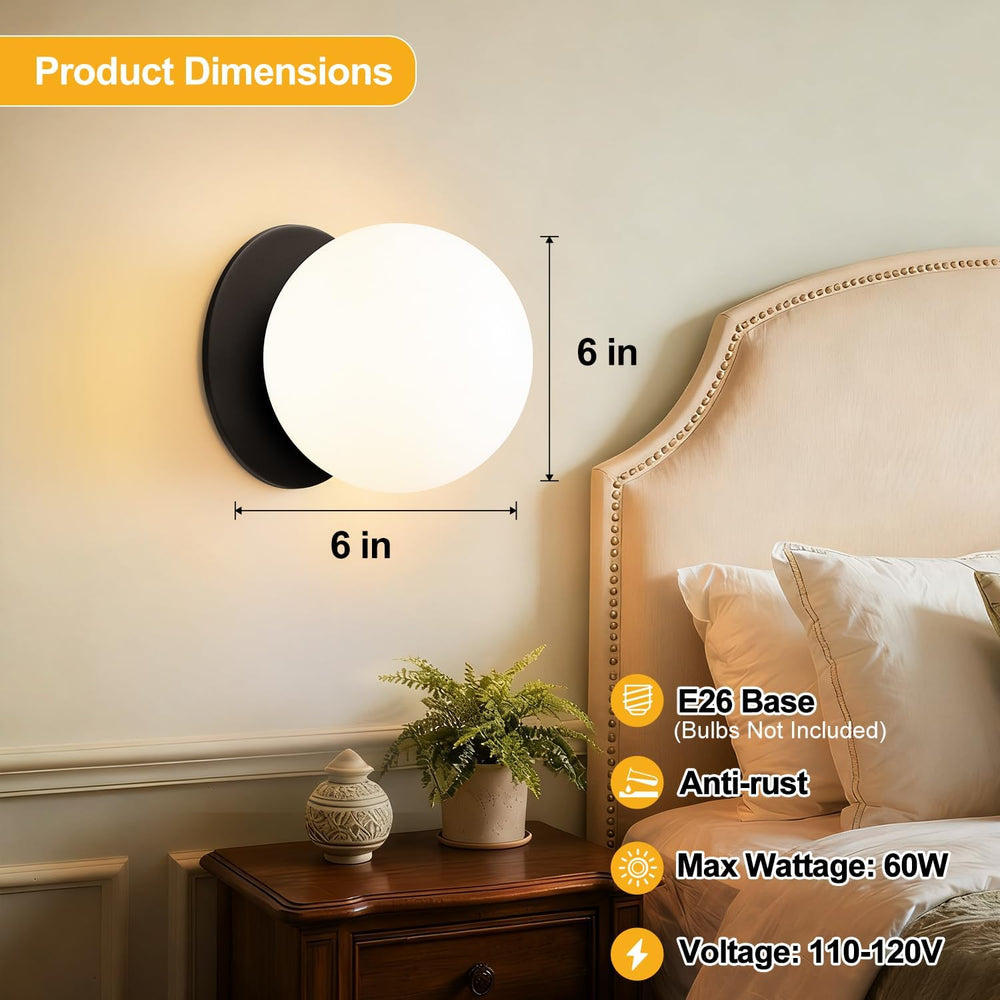 2 Pack Modern Matte Black Wall Light Fixtures, Mid-Century Globe Glass Wall S...