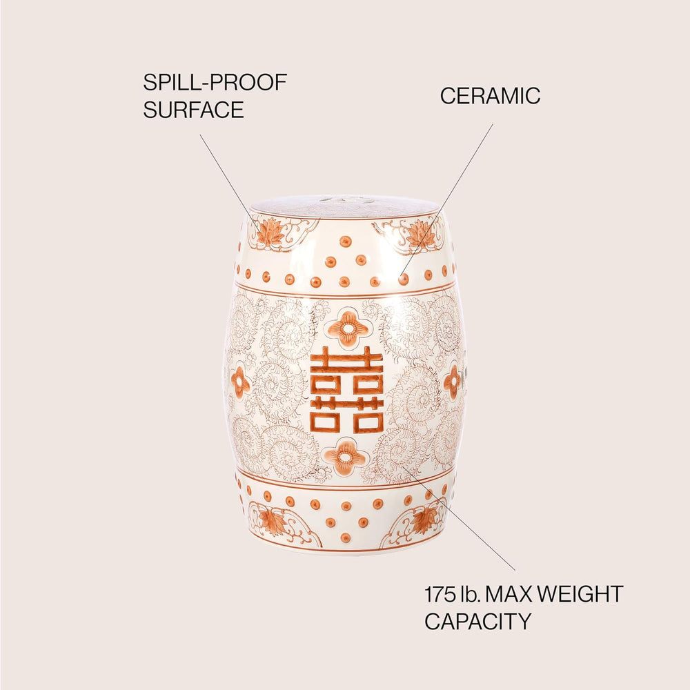 JONATHAN Y Double Happiness Ceramic Garden Stool 18" Table, Orange/White