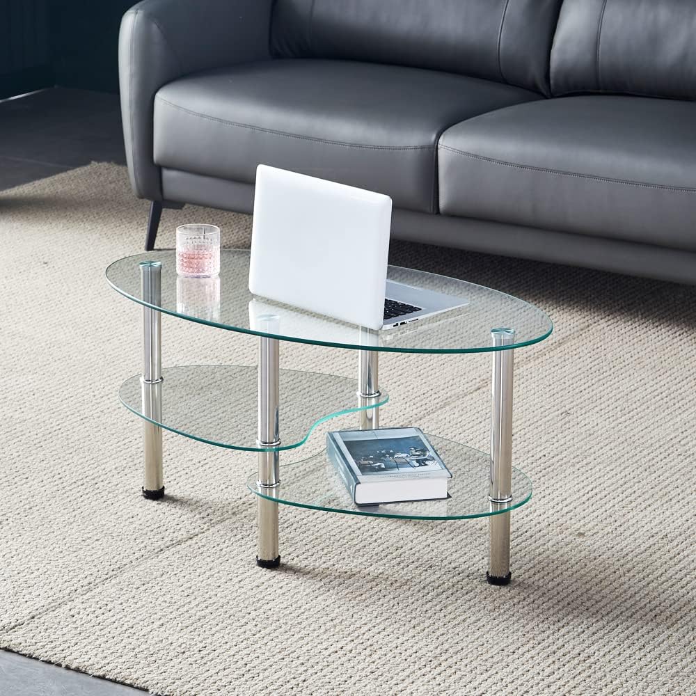 Oval-Shaped Glass Tea Table for Office, 3-Tier Modern Coffee Table, End Table...