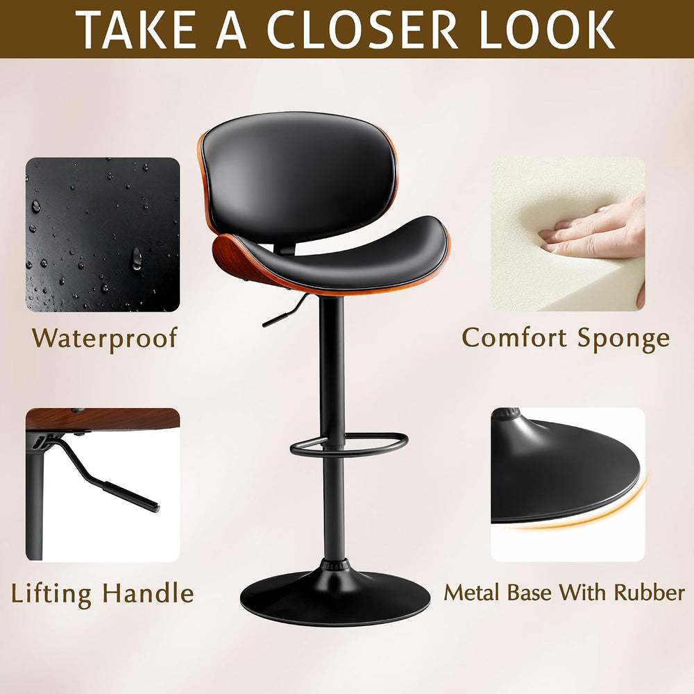 Furmax Bar Stools Set of 2 Adjustable Swivel Bentwood Barstools PU Leather Mo...