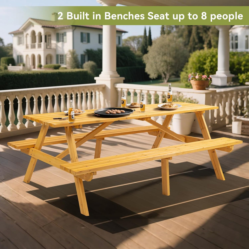 75" Rectangular Outdoor Picnic Table with Built-in Benches & Umbrell...
