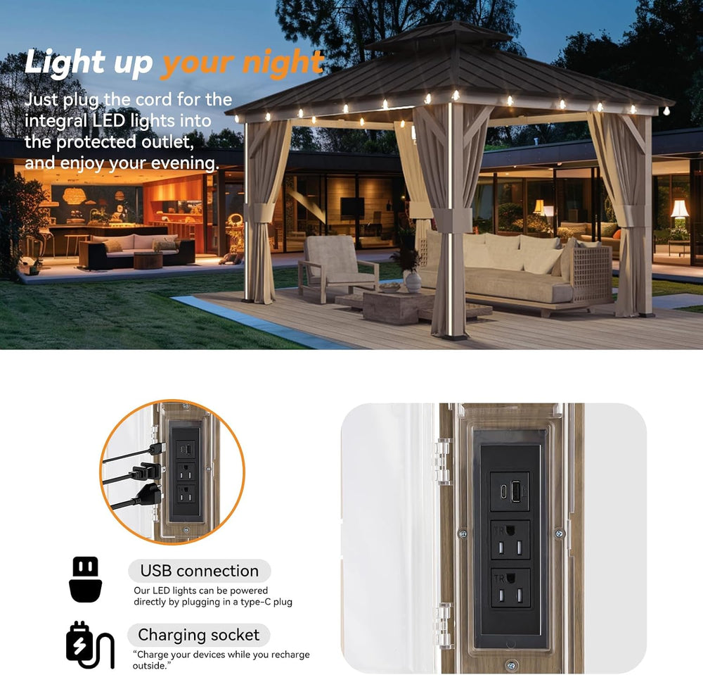 Modern Shade Hardtop Gazebo 10' x 12' with 4 Lights, Outdoor Gazebo w...