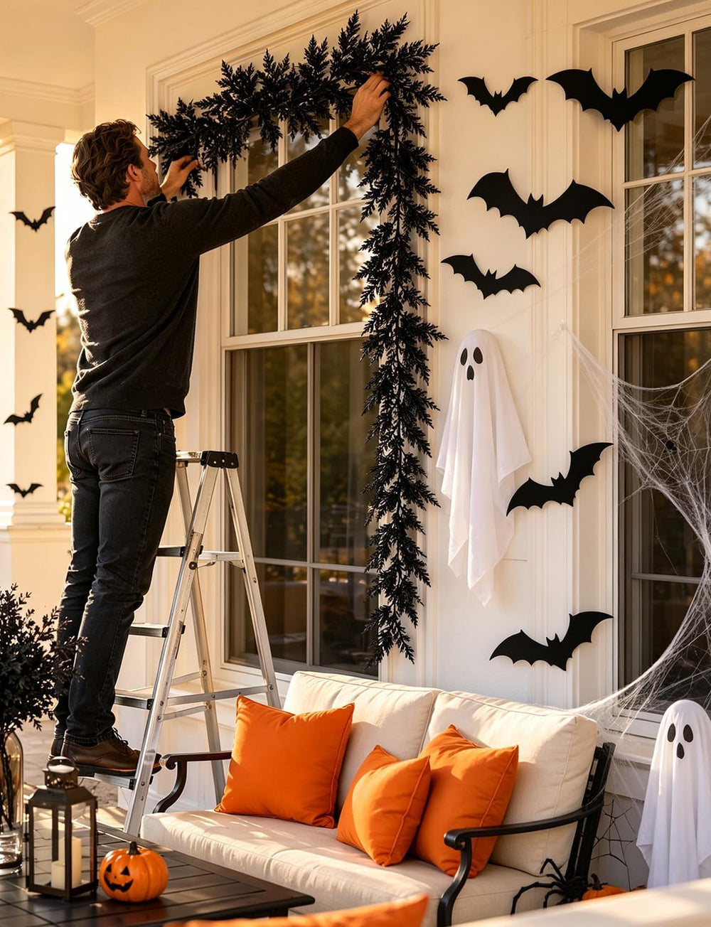 2 PCS 5.91 FT Black Halloween Cedar Pine Garland, Realistic Spooky