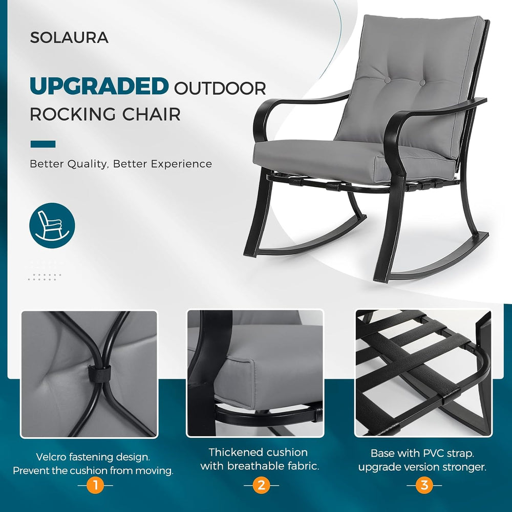 SOLAURA 3-Piece Outdoor Rocking Chairs Bistro Set, Black Iron Patio Furniture...