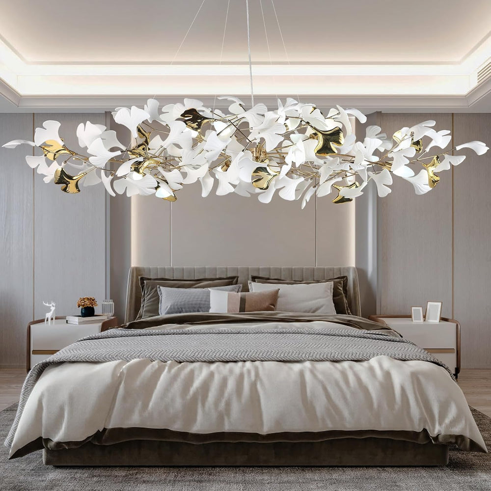 59 Inch White Rectangle Chandelier Gold Ceramic Ginkgo Leaf Chandeliers Brass...