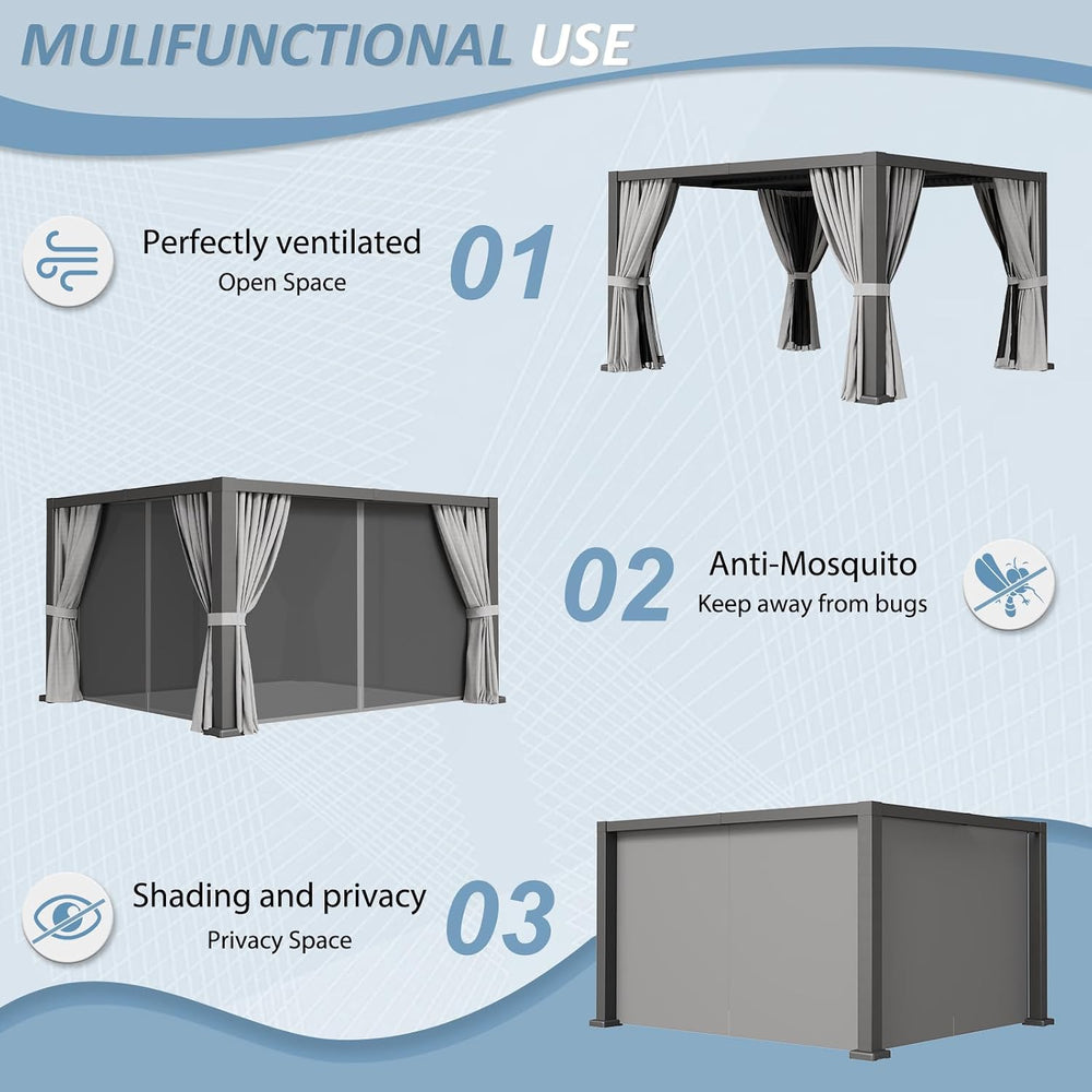 Aoxun Patio Louvered Pergola 10x12 All-Aluminum, Curtains and Netting
