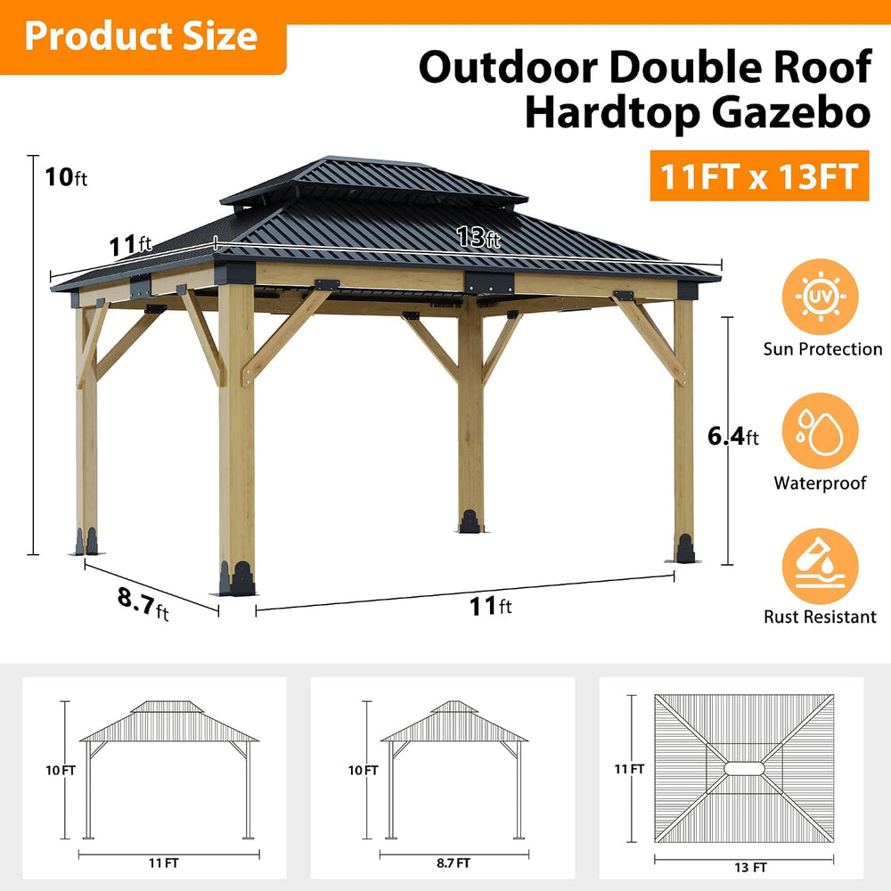 11x13FT Wood Gazebo, Outdoor Wooden Gazebo with Glavanized Steel Double Roof,...