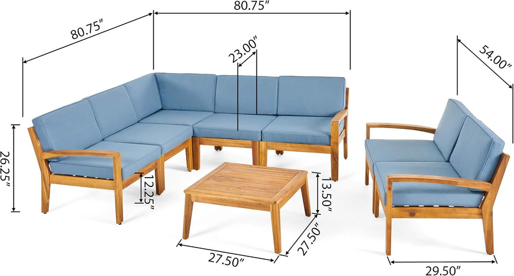 GDFStudio Noble House Grenada Outdoor Acacia Wood 7 Seater Sectional Sofa Set...