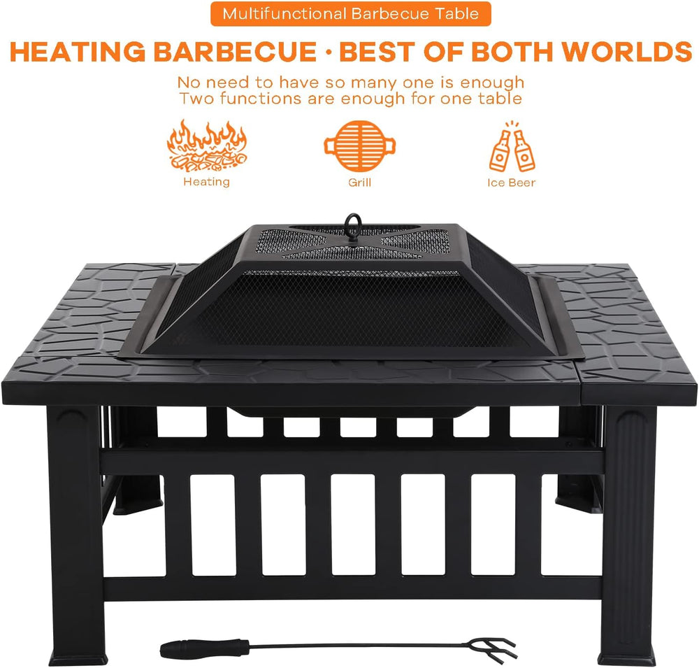Fire Pit Table, Outdoor Fireplace Firepit Camping Accessories 32 in Square Sm...