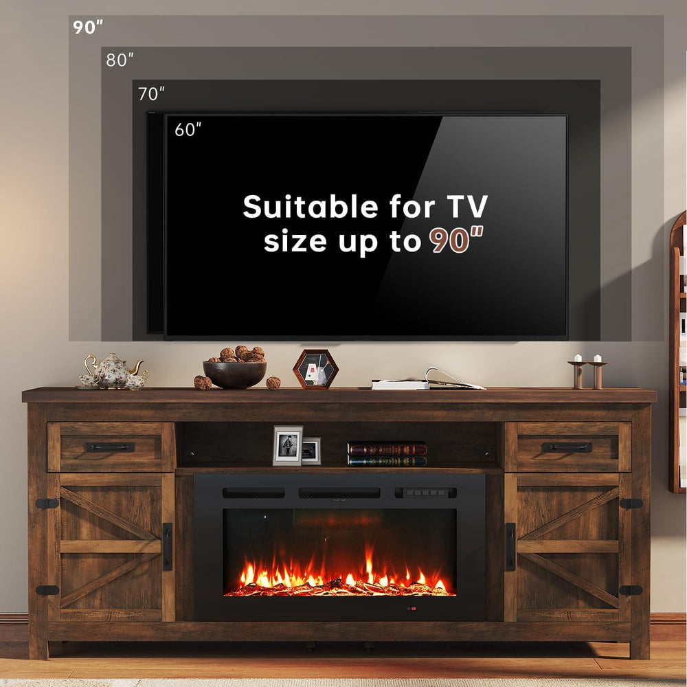 Fireplace TV Stand with Barn Door, 80 inch, Brown