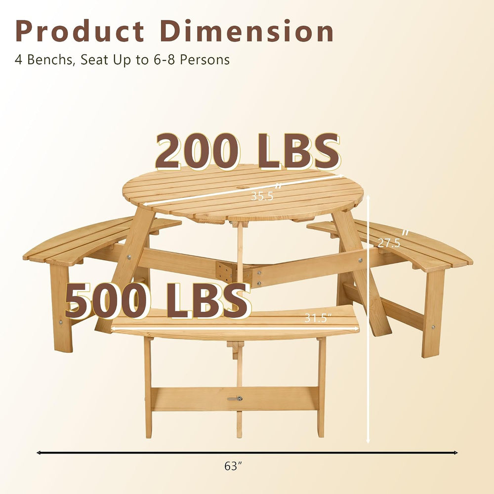 Round 6 Person Outdoor Picnic Table with 3 Built-in Benches