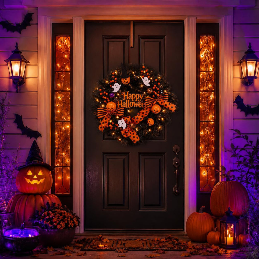 22 Inch Halloween Wreath for Front Door with Light Pumpkin Ghost Decor