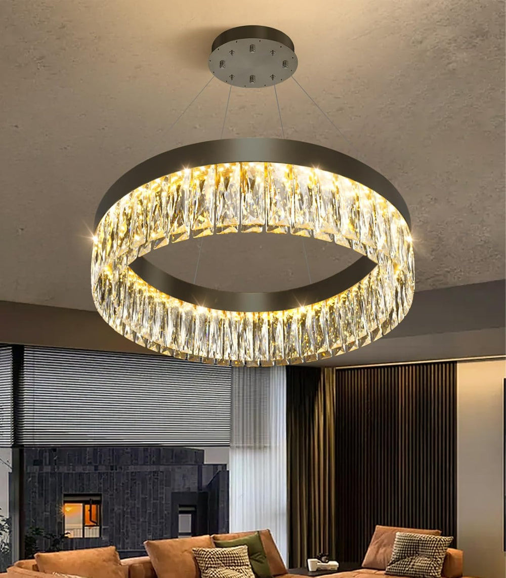23.6" 1 Ring Modern LED Dimmable Ring Chandelier Adjustable Round Crysta...