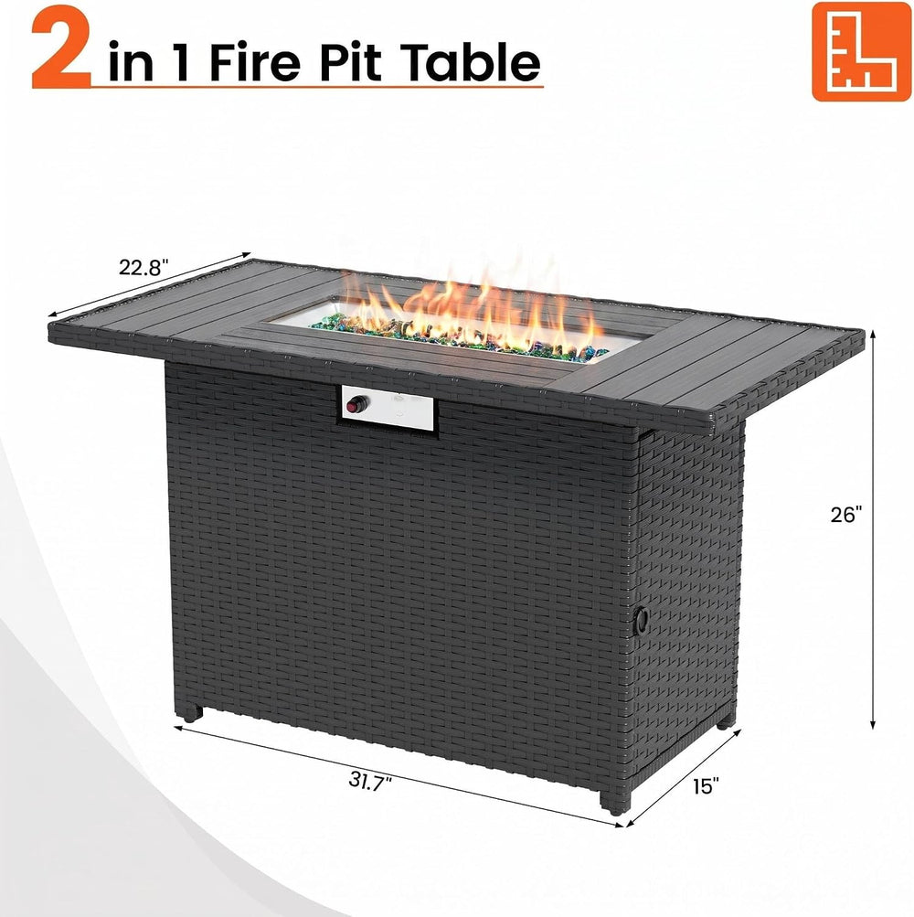 8 Piece Patio Furniture Set with 43" Fire Pit Table, White/Black