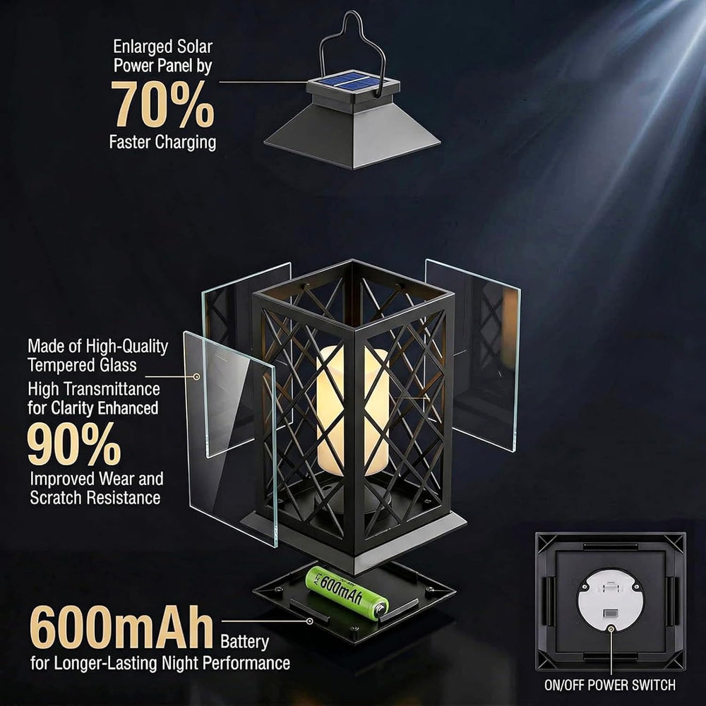 2 Pack Large Tempered Glass Solar Lanterns Outdoor Waterproof