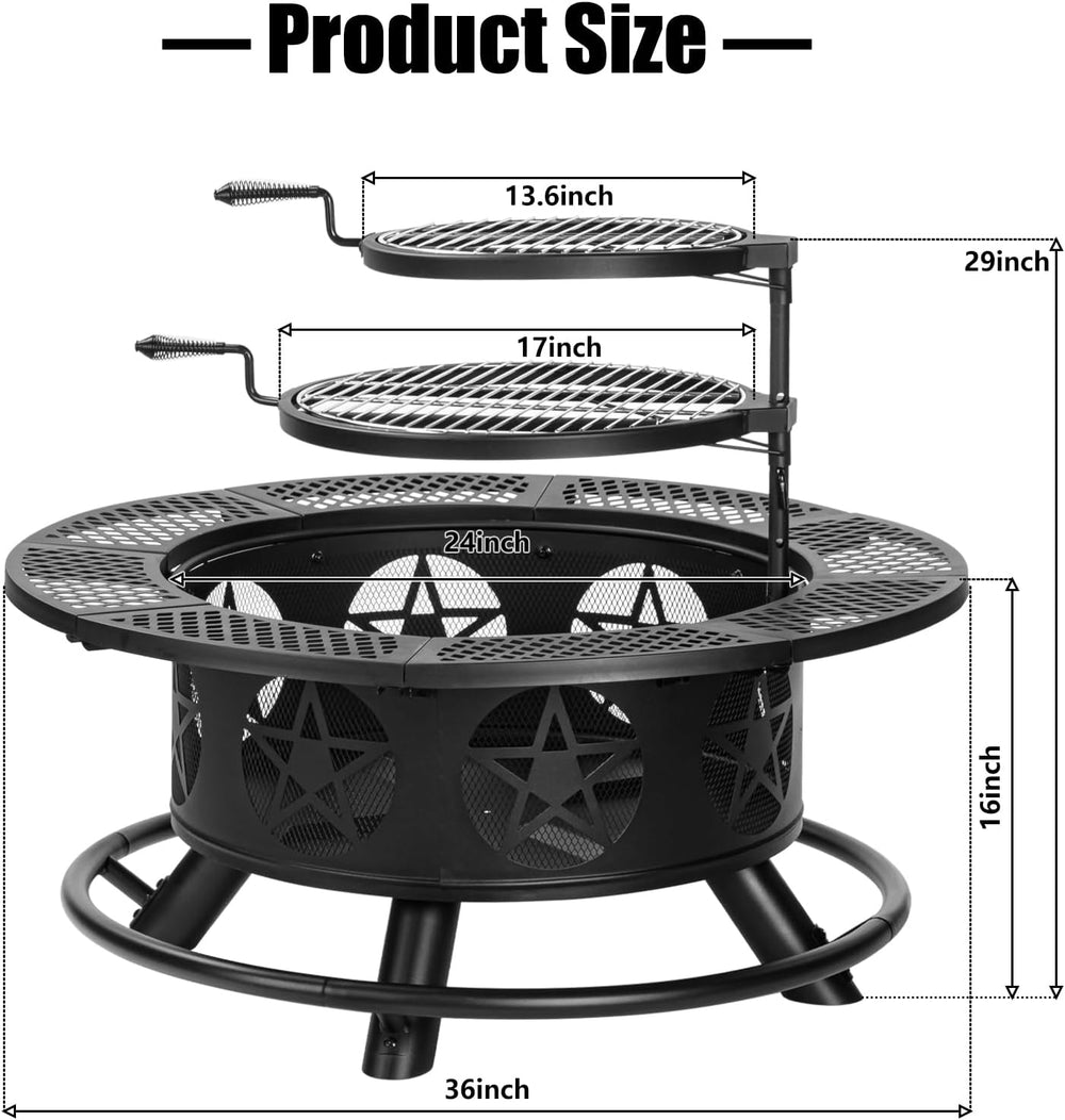 Outvue 36 Inch Outdoor Fire Pits with 2 Grills, Lid & Poker