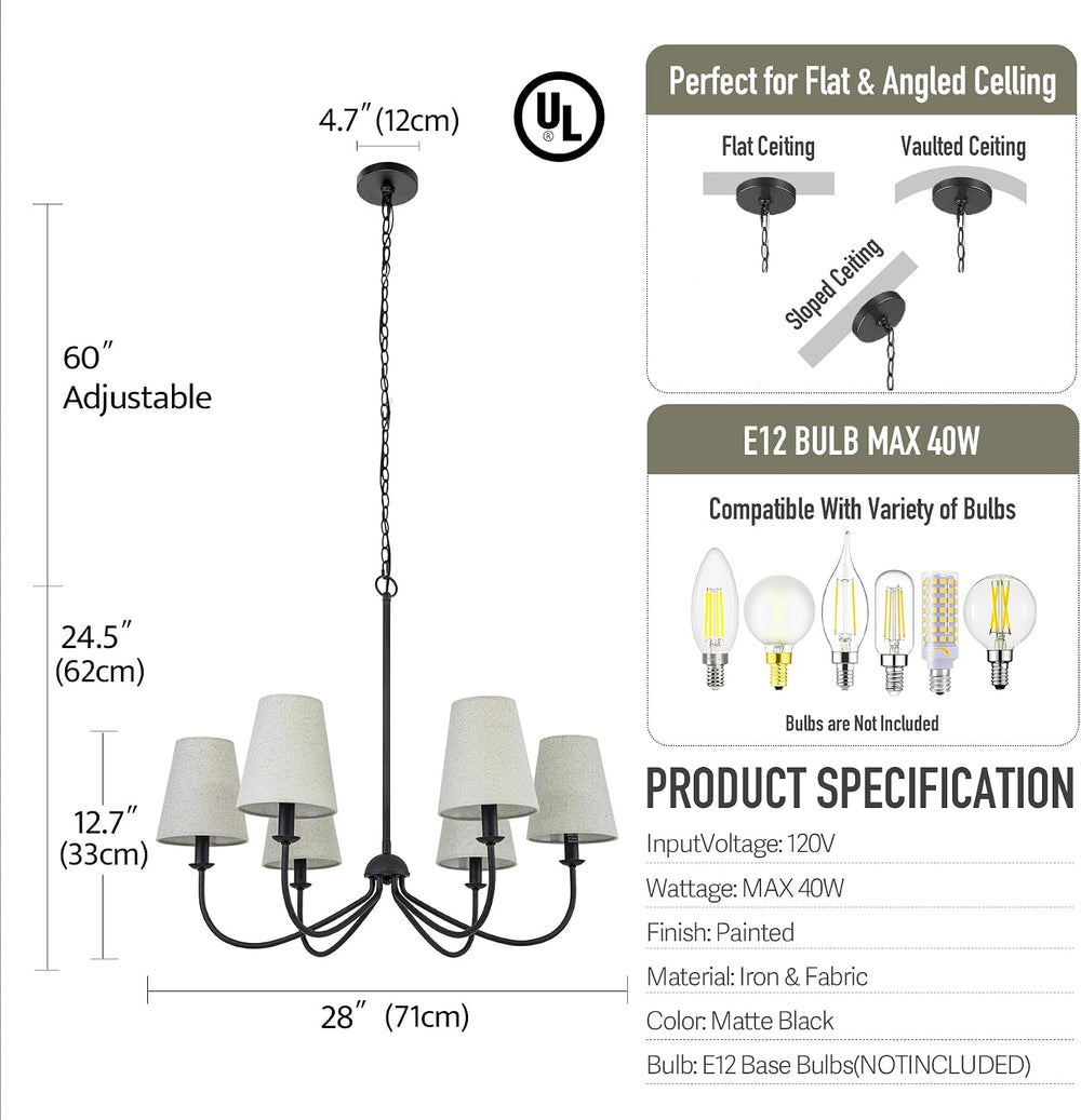 Chandelier, Matte Black with Linen Fabric Shade, 6-Light 28" Modern Farm...