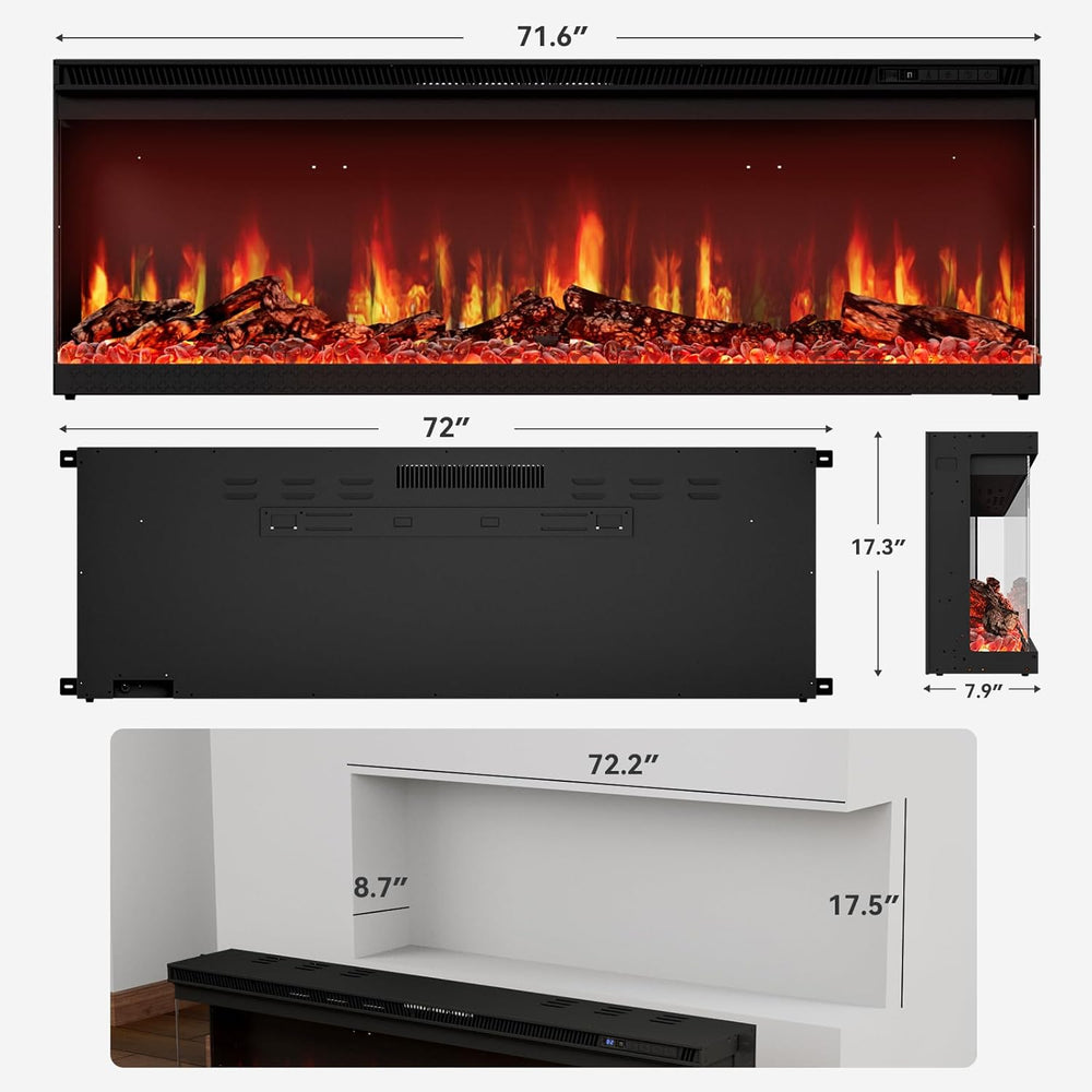 72-inch 3-Sided Wall Mount Electric Fireplace, Recessed & Built-in Design...
