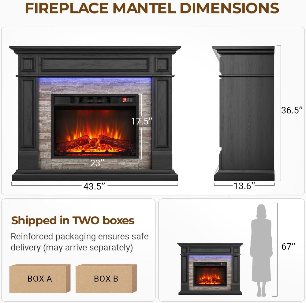 LGHM 44" LED Freestanding Electric Fireplace, Stacked Stone, Black