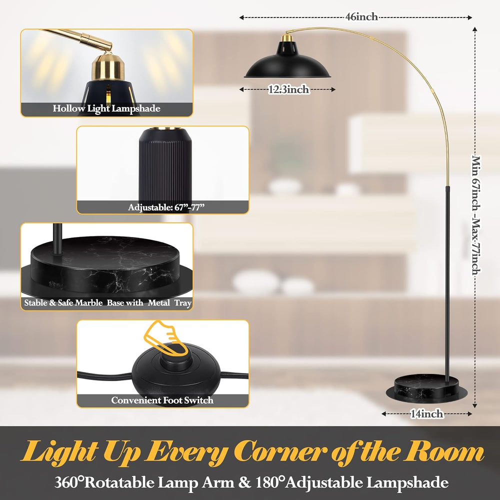 FILIYANO Modern Black Arc Floor Lamp with Marble Base, Adjustable 67-77”