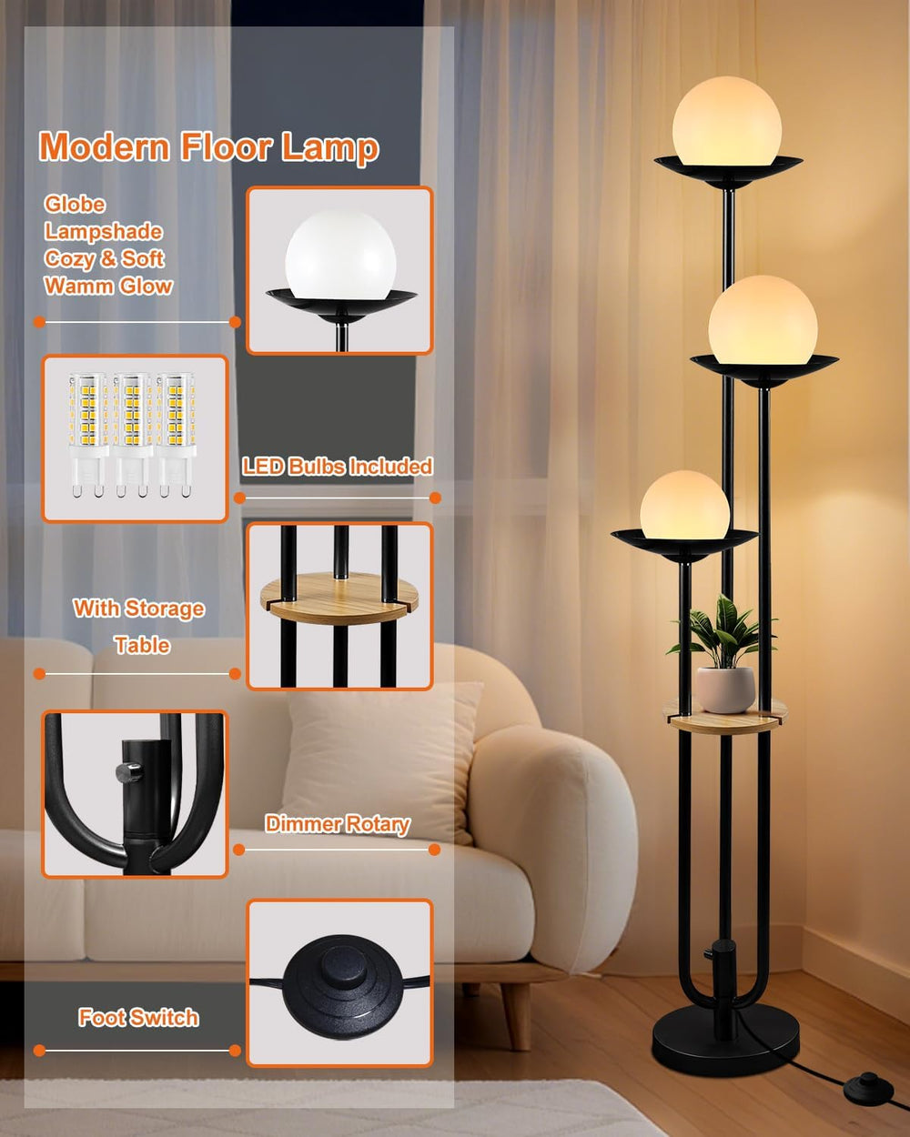 63IN Globe Floor Lamp with Table, 3-Lights Modern Dimmable Floor Lamps with 3...